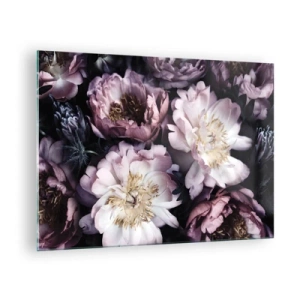 Quadro su vetro - Un romantico bouquet di peonie in tenui toni viola e rosa - 70x50cm - Bouquet nel vecchio stile - Decorazione murale moderna per soggiorno e camera da letto ARTTOR