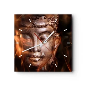 Orologio da parete - Orologio in Vetro - Una statua del Buddha tra fiamme dai riflessi dorati - 30x30cm - Esiste solo qui e ora - Decorazione murale moderna per soggiorno e camera da letto ARTTOR