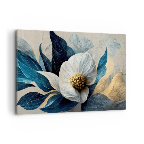 Quadro su tela - Stampe su Tela - Un fiore con foglie blu su uno sfondo elegante - 120x80cm - Ha un cuore d'oro - Decorazione murale moderna per soggiorno e camera da letto ARTTOR