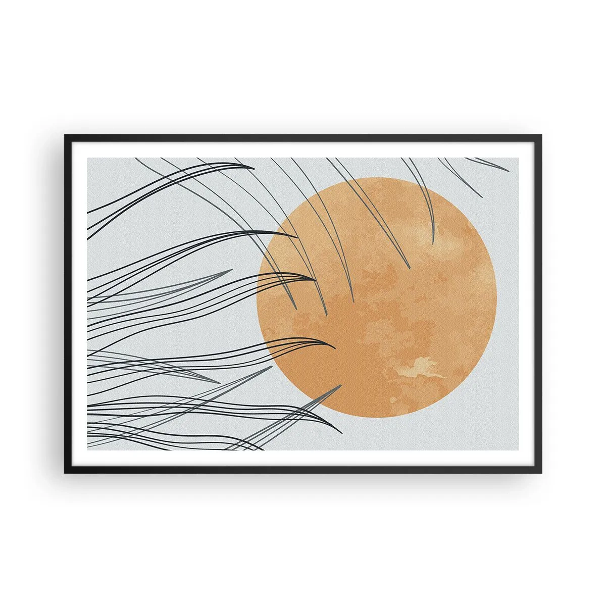Poster in cornice nera - Fili d'erba astratti sullo sfondo di un grande sole arancione - 100x70cm - Sempre verso il sole - Decorazione murale moderna per soggiorno e camera da letto ARTTOR