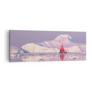 Quadro su tela - Stampe su Tela - Una vela rossa sullo sfondo di montagne ghiacciate e una luna piena. - 140x50cm - Calore della vela, gelo del ghiaccio - Decorazione murale moderna per soggiorno e camera da letto ARTTOR