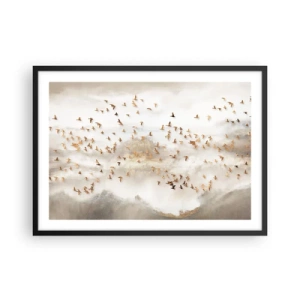 Poster in cornice nera - Uccelli dorati contro le montagne nebbiose - 70x50cm - È giunto il momento... - Decorazione murale moderna per soggiorno e camera da letto ARTTOR