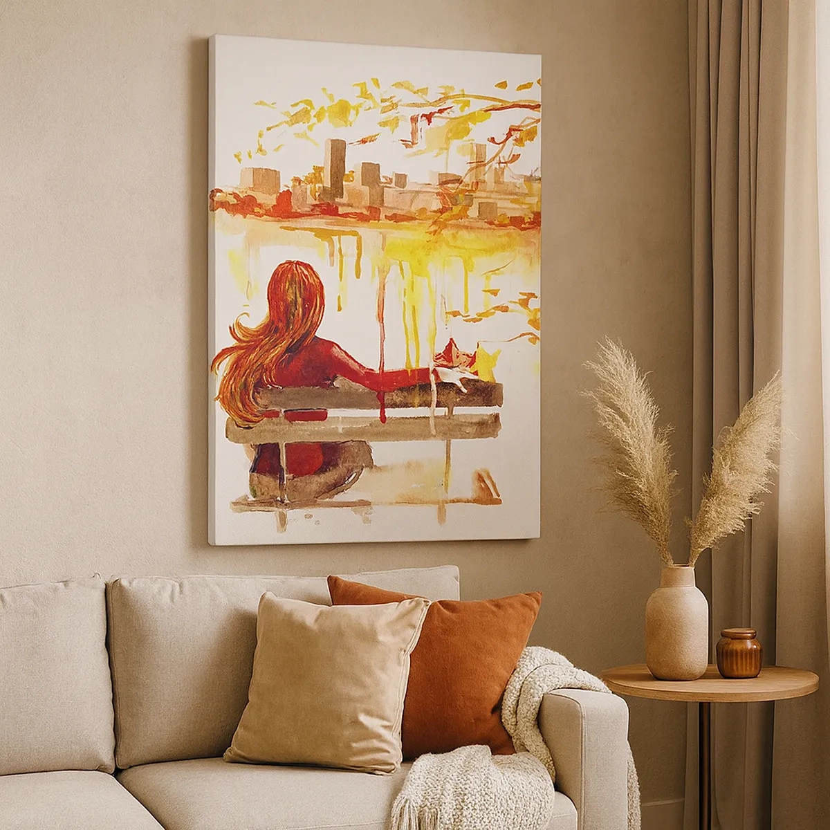 Quadro su tela - Stampe su Tela - Scena ad acquerello di una donna su una panchina con vista sulla città - 50x70cm - Un momento di riflessione - Decorazione murale moderna per soggiorno e camera da letto ARTTOR