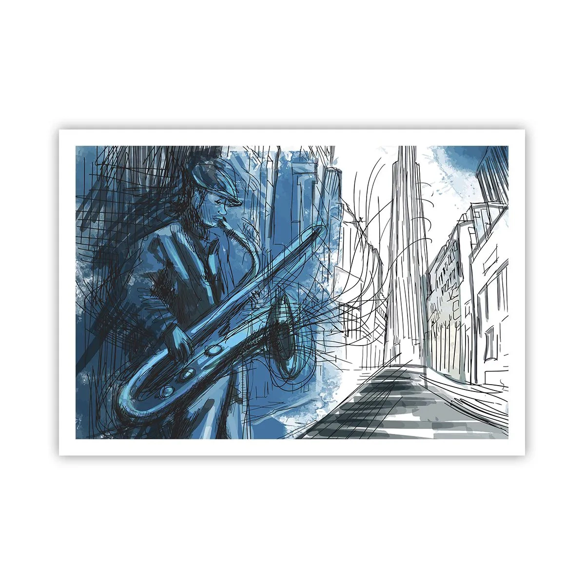Poster - Una figura che suona il sassofono sullo sfondo di una città - 100x70cm - Rapsodia urbana - Decorazione murale moderna per soggiorno e camera da letto ARTTOR