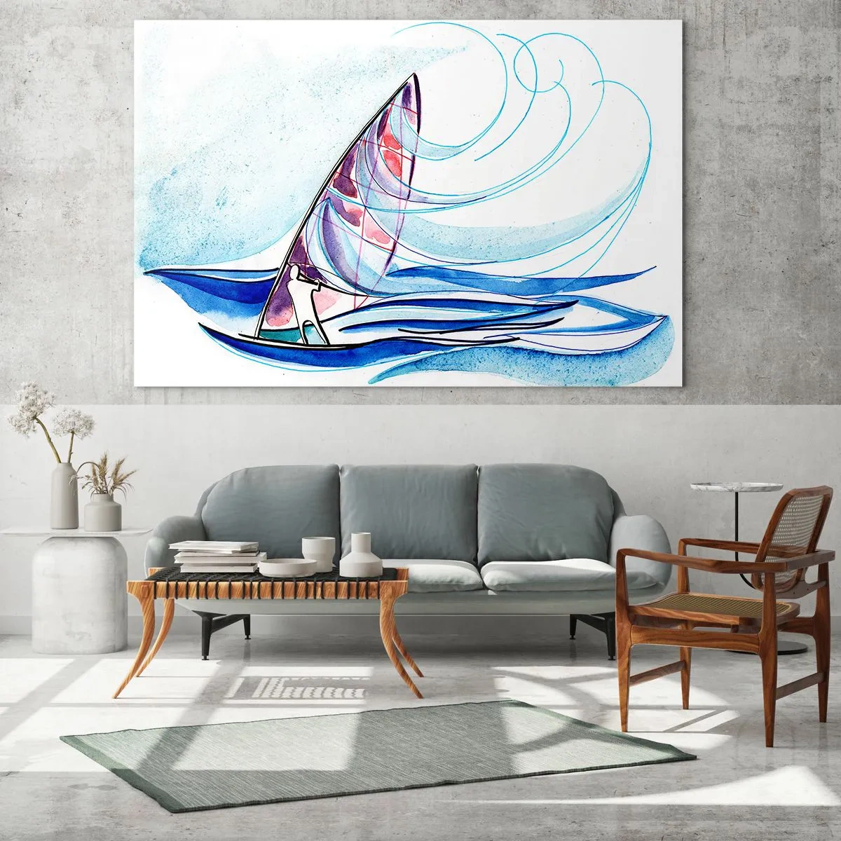 Quadro su vetro - Una barca a vela sulle onde in stile acquerello - 100x70cm - Con il vento al ritmo delle onde - Decorazione murale moderna per soggiorno e camera da letto ARTTOR
