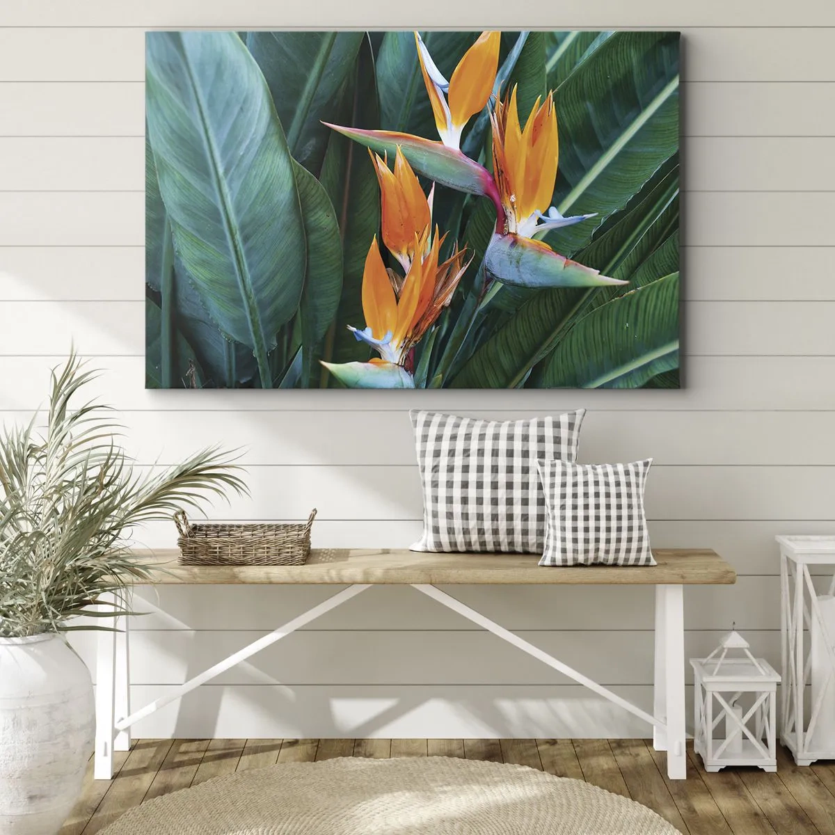 Quadro su tela - Stampe su Tela - Fiori esotici di strelitzia circondati da foglie verdi - 120x80cm - È un fiore o un uccello? - Decorazione murale moderna per soggiorno e camera da letto ARTTOR
