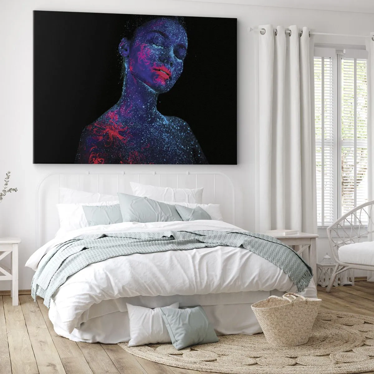 Quadro su tela - Stampe su Tela - Ritratto di una donna in colori neon su sfondo nero - 100x70cm - Nella polvere di stelle - Decorazione murale moderna per soggiorno e camera da letto ARTTOR