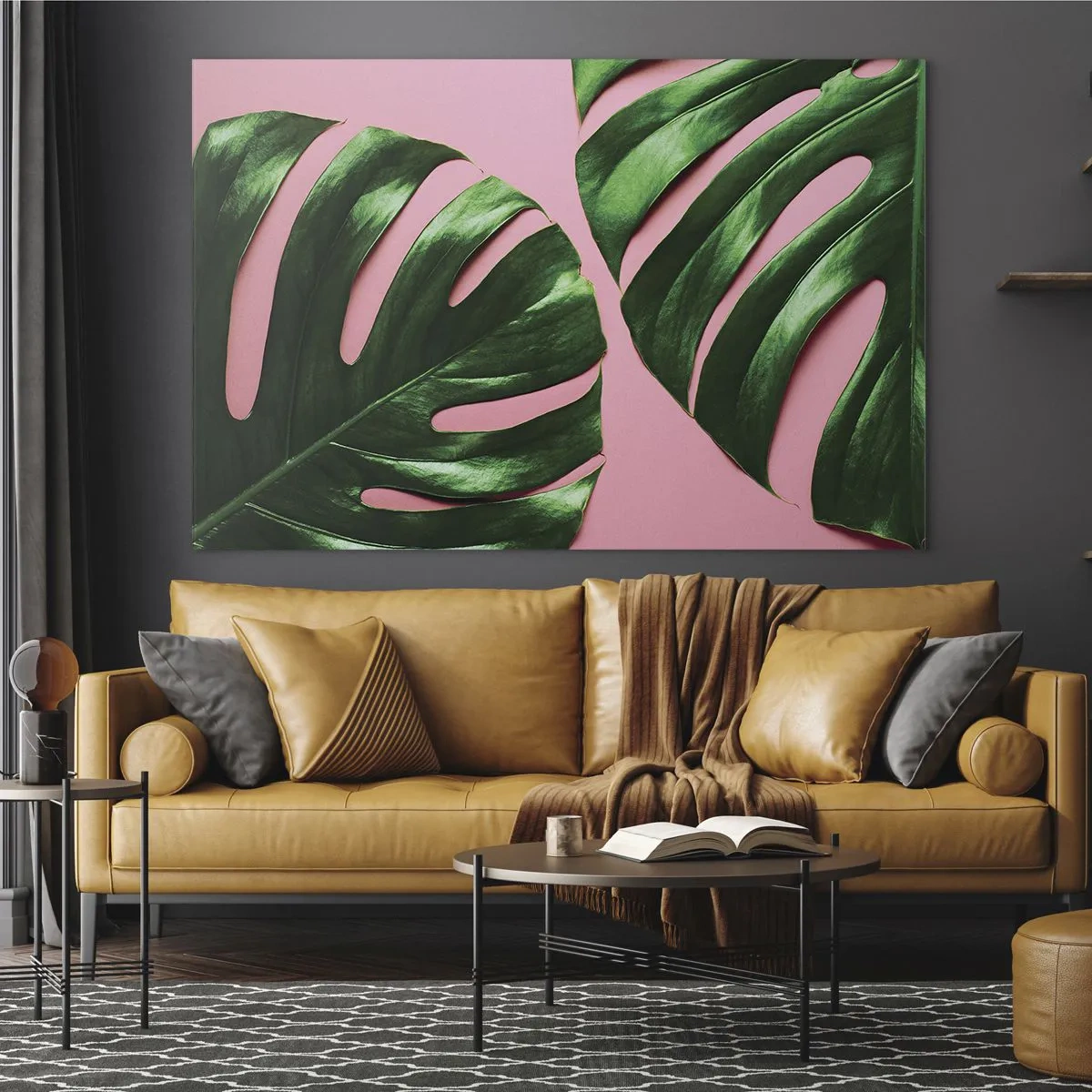 Quadro su vetro - Foglie di monstera verdi su sfondo rosa - 70x50cm - Appuntamento in verde - Decorazione murale moderna per soggiorno e camera da letto ARTTOR