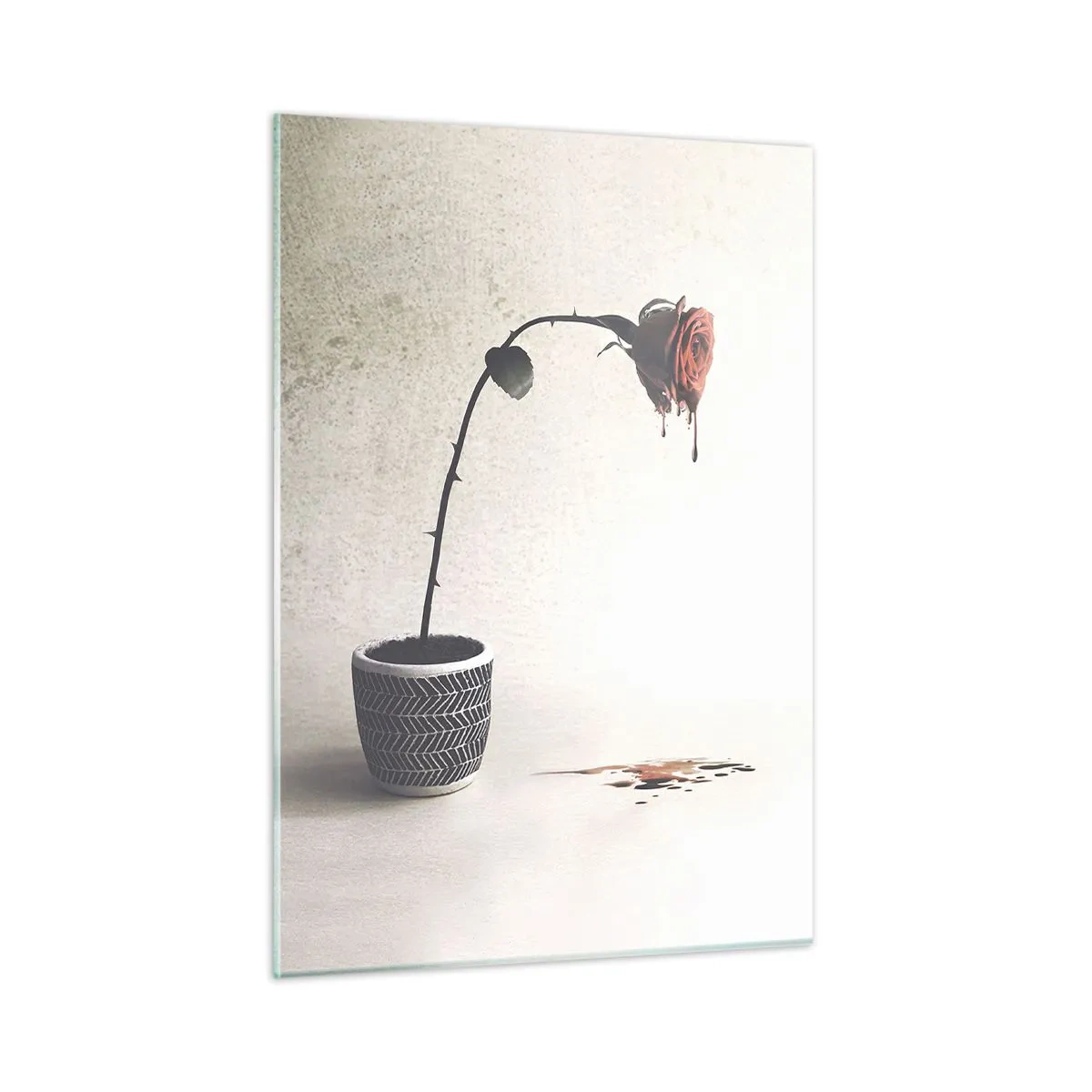 Quadro su vetro - Una rosa simbolica in un vaso con vernice gocciolante - 50x70cm - Rosa dolorosa - Decorazione murale moderna per soggiorno e camera da letto ARTTOR