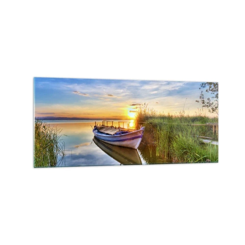 Quadro su vetro - Una barca in una baia tranquilla al tramonto - 120x50cm - L'insenatura dei sogni realizzati - Decorazione murale moderna per soggiorno e camera da letto ARTTOR