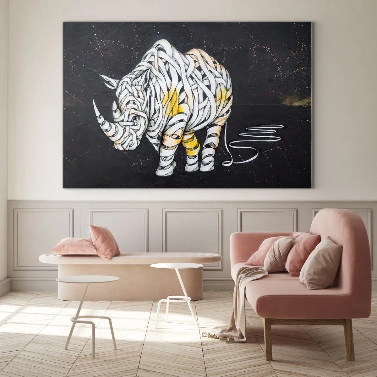 Quadro su vetro - Disegno astratto di un rinoceronte a forma di strisce - 70x50cm - La pelle dura è un mito - Decorazione murale moderna per soggiorno e camera da letto ARTTOR