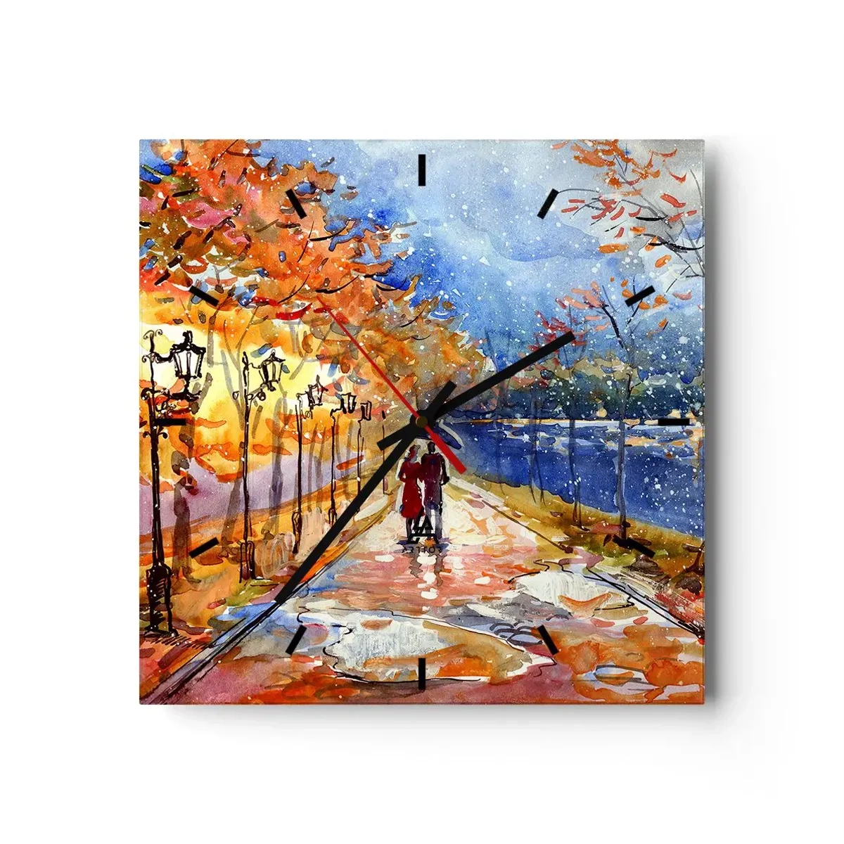 Orologio da parete - Orologio in Vetro - Una passeggiata autunnale nel parco sulla riva del fiume sotto l'ombrellone - 30x30cm - Insieme fino ai confini del tempo - Decorazione murale moderna per soggiorno e camera da letto ARTTOR