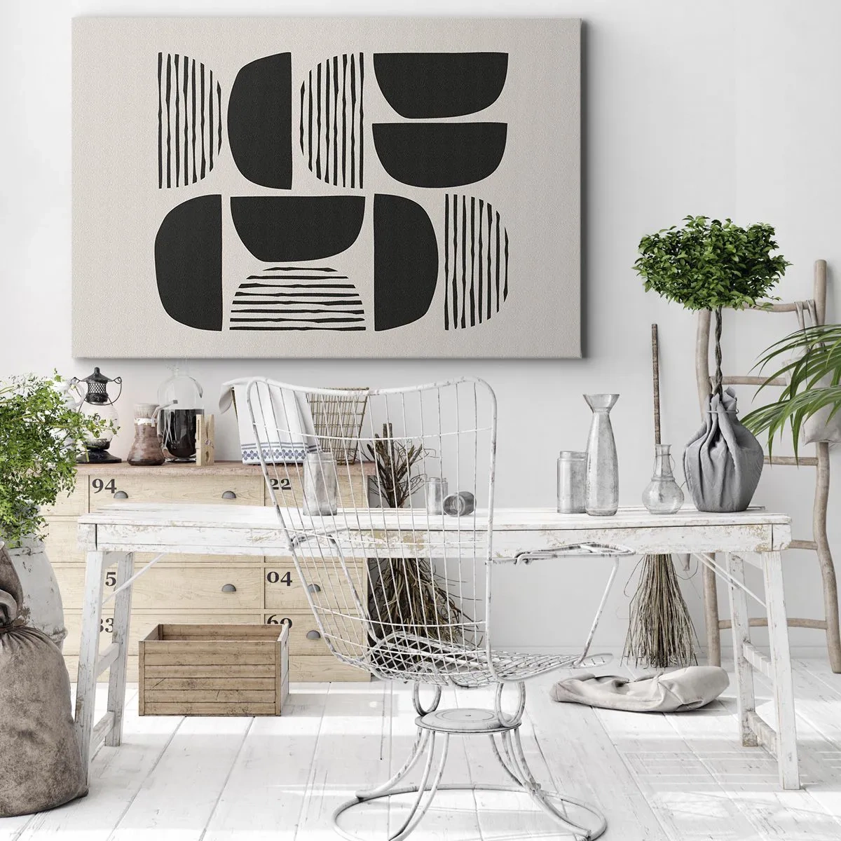 Quadro su tela - Stampe su Tela - Geometria con semicerchi e linee in nero su sfondo chiaro - 70x50cm - Sistemi di metà - Decorazione murale moderna per soggiorno e camera da letto ARTTOR