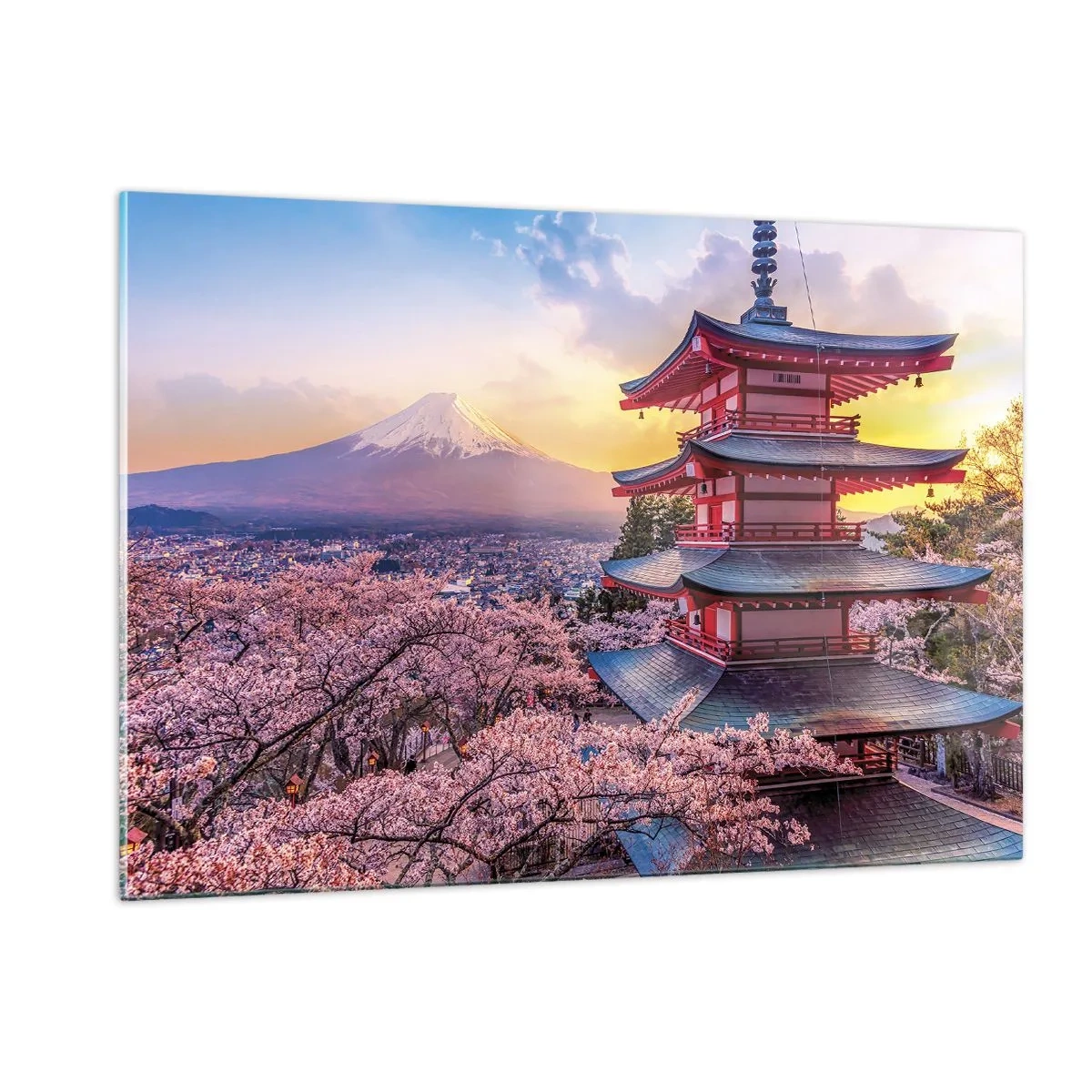 Quadro su vetro - Una pagoda in un paesaggio giapponese con vista sul Monte Fuji e sugli alberi in fiore - 120x80cm - L'essenza dell'anima giapponese - Decorazione murale moderna per soggiorno e camera da letto ARTTOR