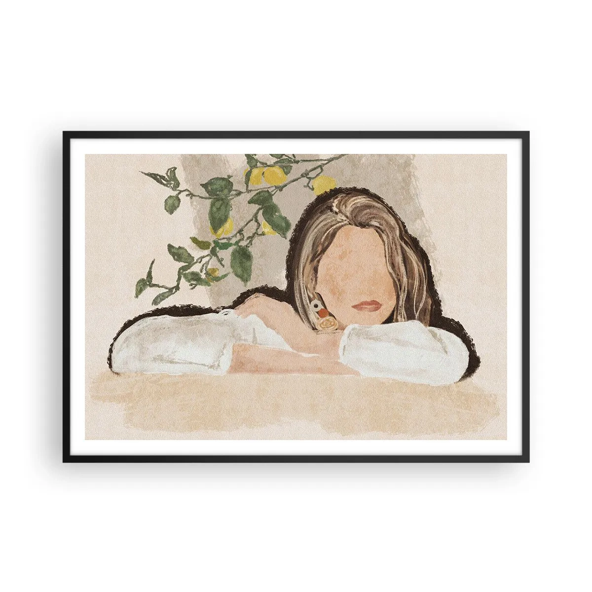 Poster in cornice nera - La figura di una donna sullo sfondo di un albero di limone - 100x70cm - Bellezza del sud - Decorazione murale moderna per soggiorno e camera da letto ARTTOR