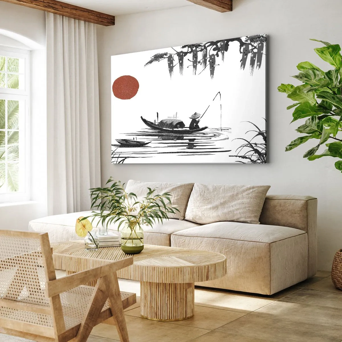 Quadro su tela - Stampe su Tela - Paesaggio orientale con un pescatore su una barca e un sole rosso - 120x80cm - Pomeriggio asiatico - Decorazione murale moderna per soggiorno e camera da letto ARTTOR