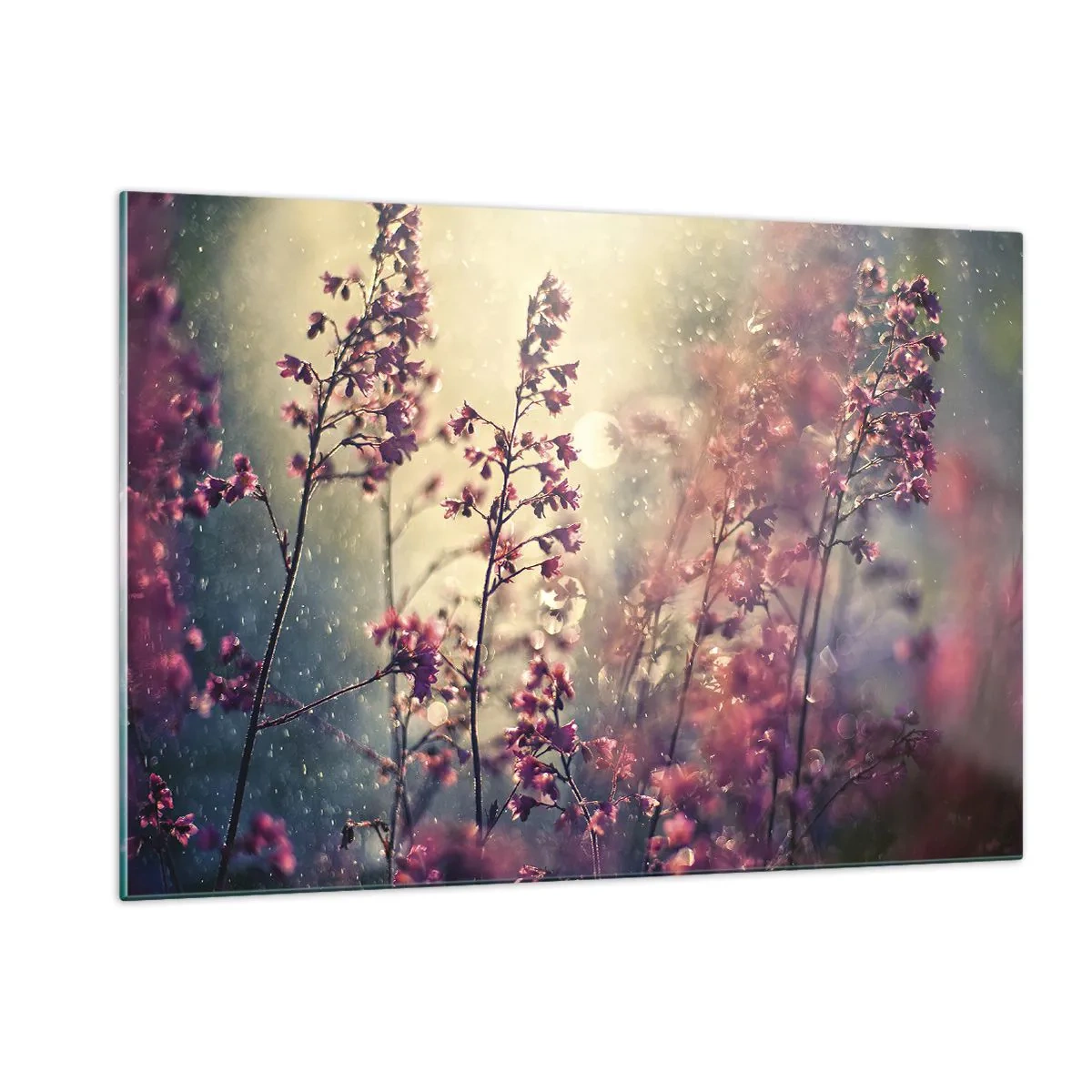 Quadro su vetro - Fiori alla luce del sole sotto la pioggia leggera - 120x80cm - Giardino misterioso - Decorazione murale moderna per soggiorno e camera da letto ARTTOR