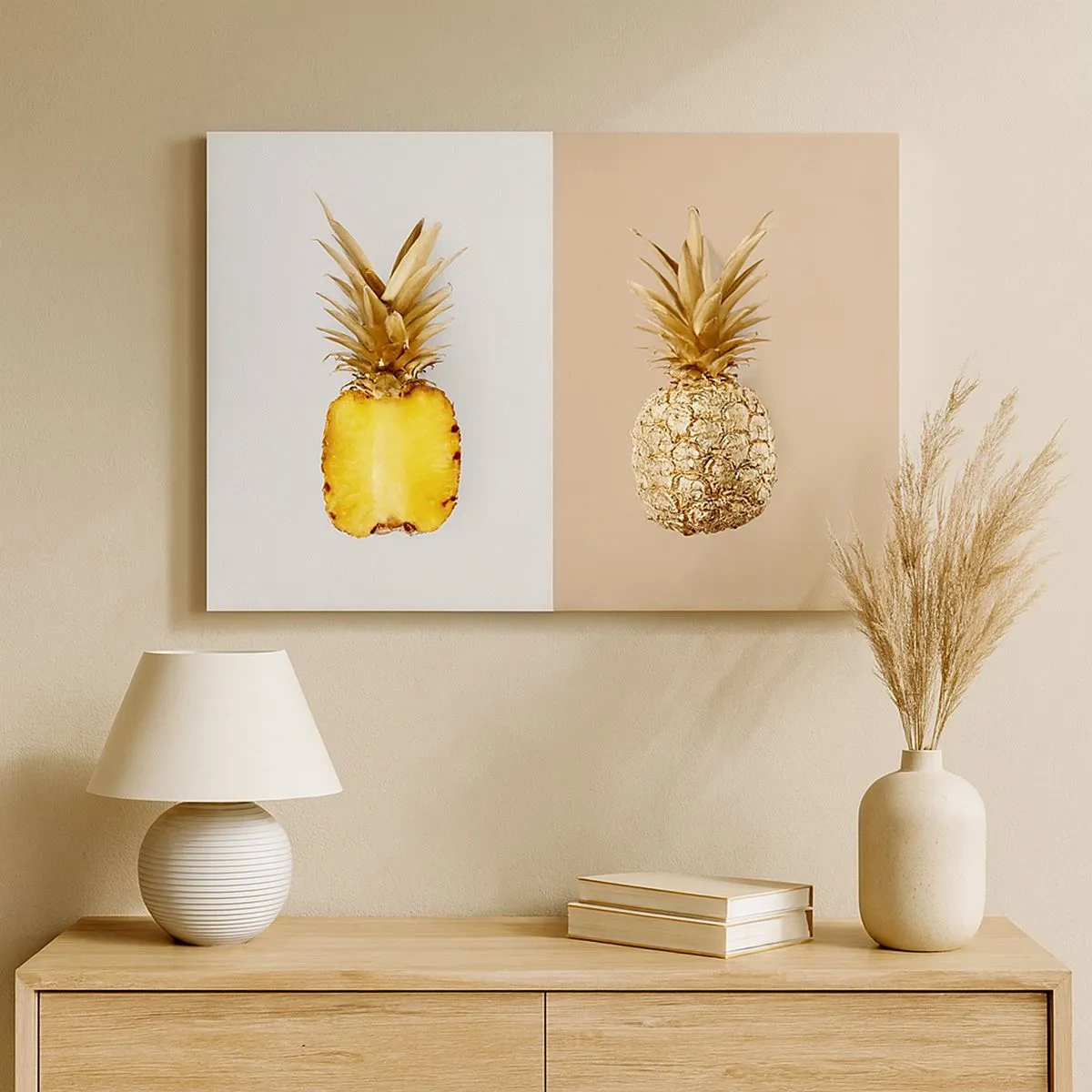 Quadro su tela - Stampe su Tela - Metà di un ananas fresco e dorato su uno sfondo contrastante - 70x50cm - Ananas per due - Decorazione murale moderna per soggiorno e camera da letto ARTTOR