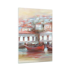 Quadro su vetro - Barche colorate e pittoreschi edifici in riva all'acqua in tonalità pastello - 70x100cm - Cittadina felice - Decorazione murale moderna per soggiorno e camera da letto ARTTOR