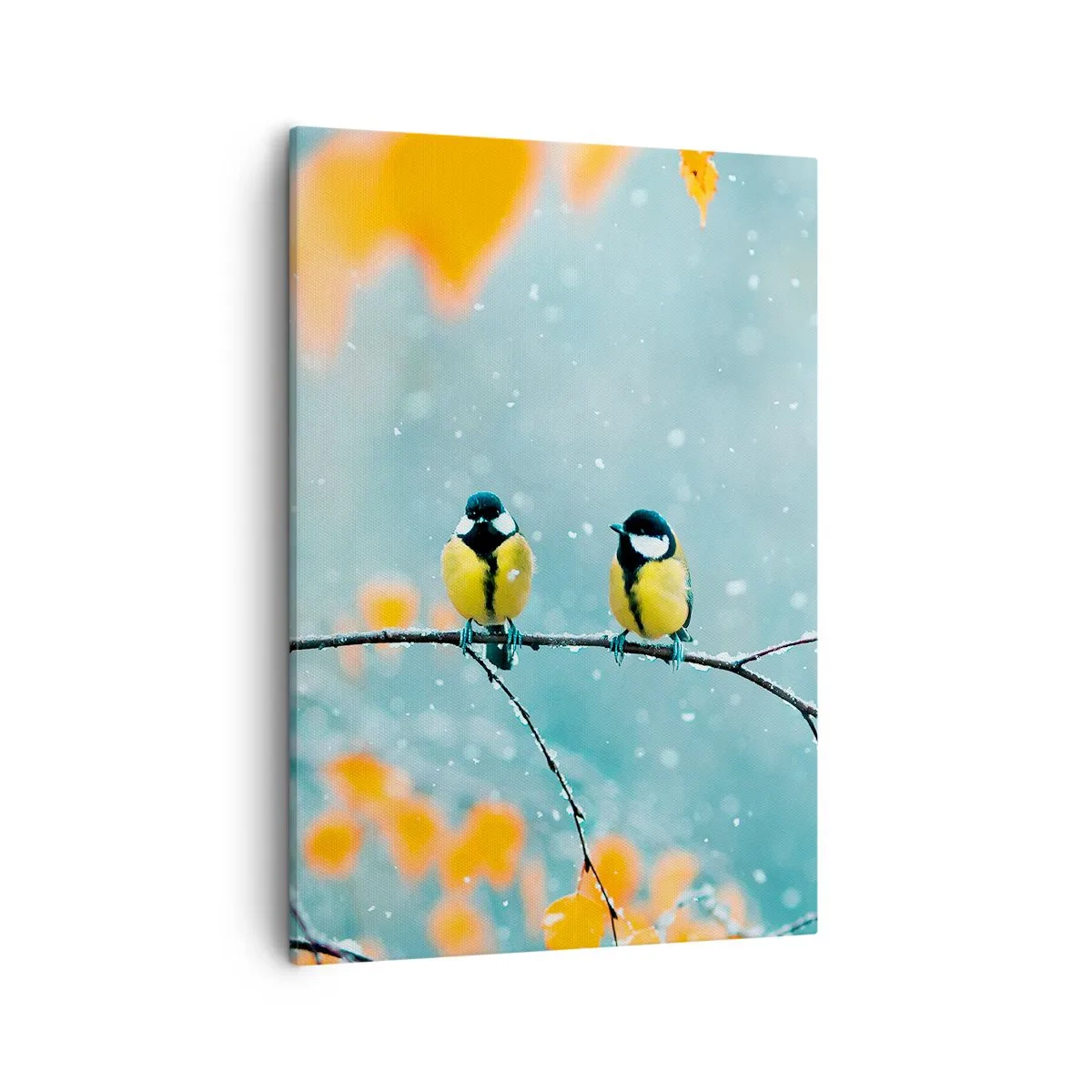 Quadro su tela - Stampe su Tela - Due uccelli su un ramo in un ambiente invernale con foglie gialle. - 50x70cm - Pettegolezzi alati - Decorazione murale moderna per soggiorno e camera da letto ARTTOR