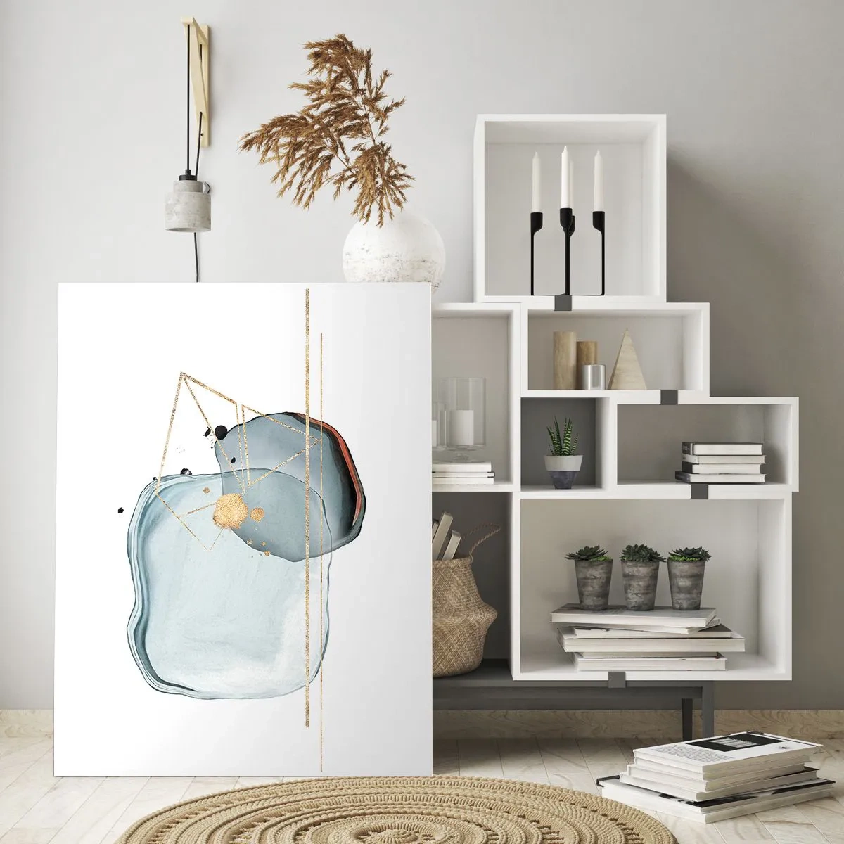 Quadro su vetro - Astrazione moderna con gocce e linee geometriche dorate - 50x70cm - Studio di goccia - Decorazione murale moderna per soggiorno e camera da letto ARTTOR