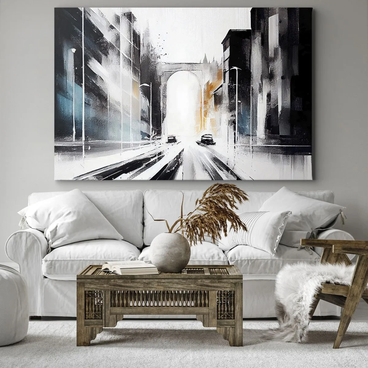 Quadro su tela - Stampe su Tela - Panorama astratto della città con un ponte ad arco - 70x50cm - Studio di città: architettura e movimento - Decorazione murale moderna per soggiorno e camera da letto ARTTOR