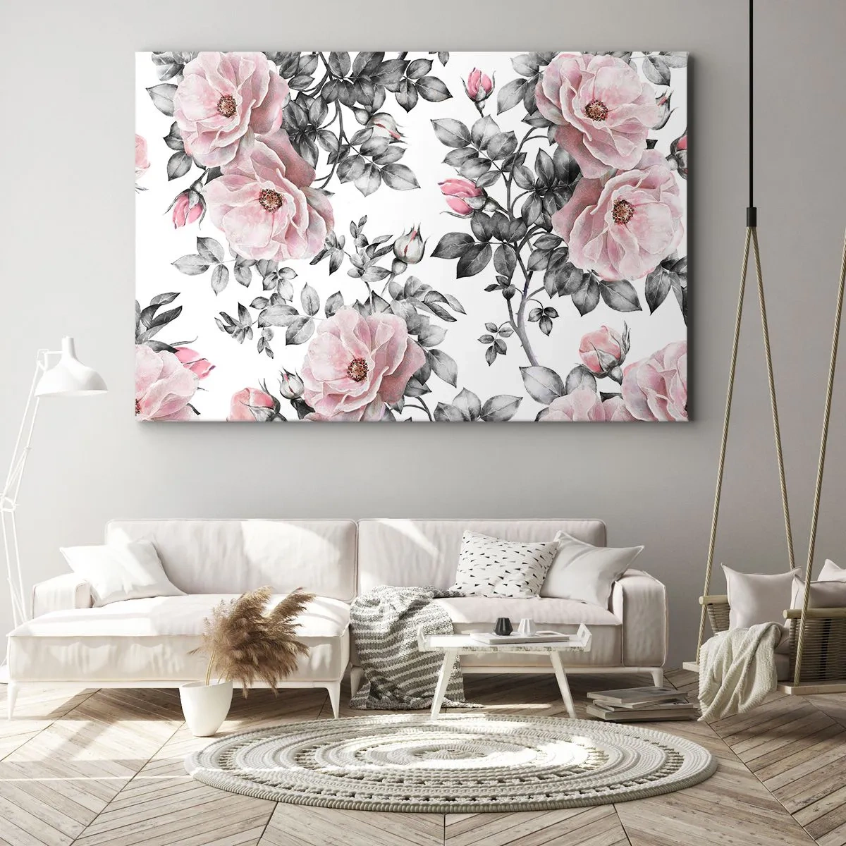 Quadro su tela - Stampe su Tela - Rose rosa e foglie su un delicato sfondo bianco e nero - 120x80cm - Perdersi tra le rose - Decorazione murale moderna per soggiorno e camera da letto ARTTOR