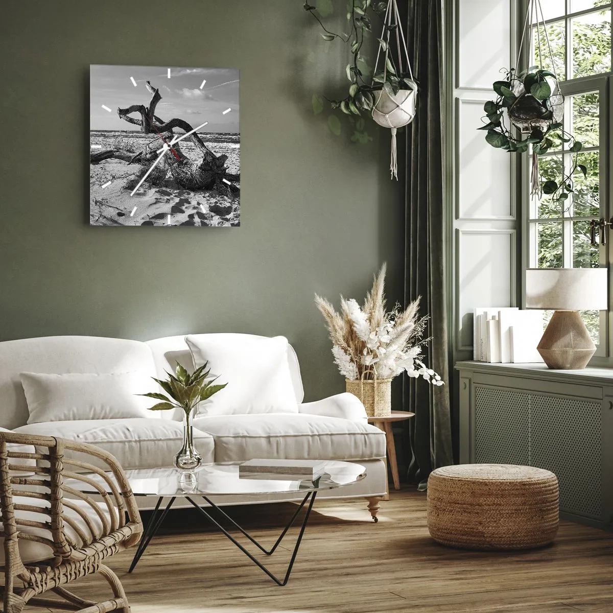 Orologio da parete - Orologio in Vetro - Paesaggio in bianco e nero con un albero morto sulla spiaggia - 30x30cm - Scolpito dal mare - Decorazione murale moderna per soggiorno e camera da letto ARTTOR