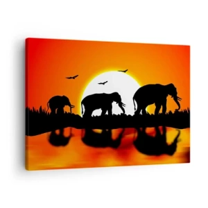 Quadro su tela - Stampe su Tela - Sagome di elefanti al tramonto sull'acqua con riflesso - 70x50cm - Un piccolo drink la sera - Decorazione murale moderna per soggiorno e camera da letto ARTTOR