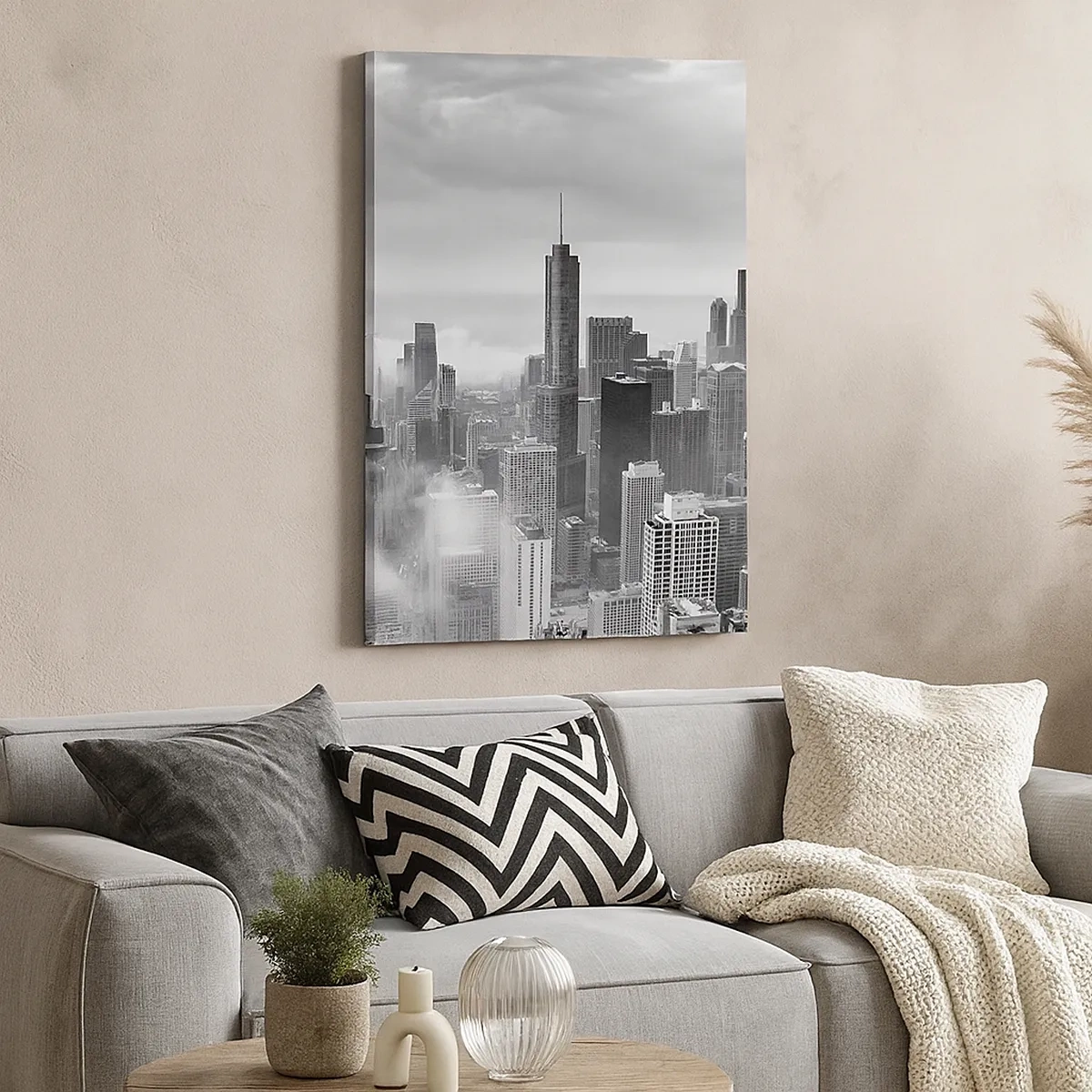 Quadro su tela - Stampe su Tela - Panorama della città con grattacieli tra le nuvole in bianco e nero - 50x70cm - Paesaggio americano - Decorazione murale moderna per soggiorno e camera da letto ARTTOR