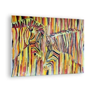 Quadro su vetro - Zebre colorate in uno stile artistico acquerello - 70x50cm - Quindi anche tu… - Decorazione murale moderna per soggiorno e camera da letto ARTTOR