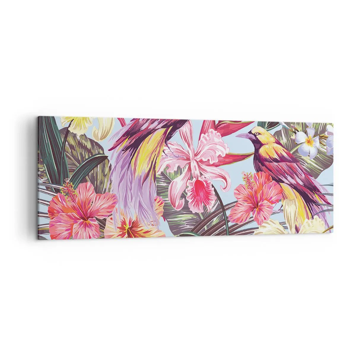 Quadro su tela - Stampe su Tela - Uccelli esotici tra i fiori tropicali - 140x50cm - Petali e piume - Decorazione murale moderna per soggiorno e camera da letto ARTTOR