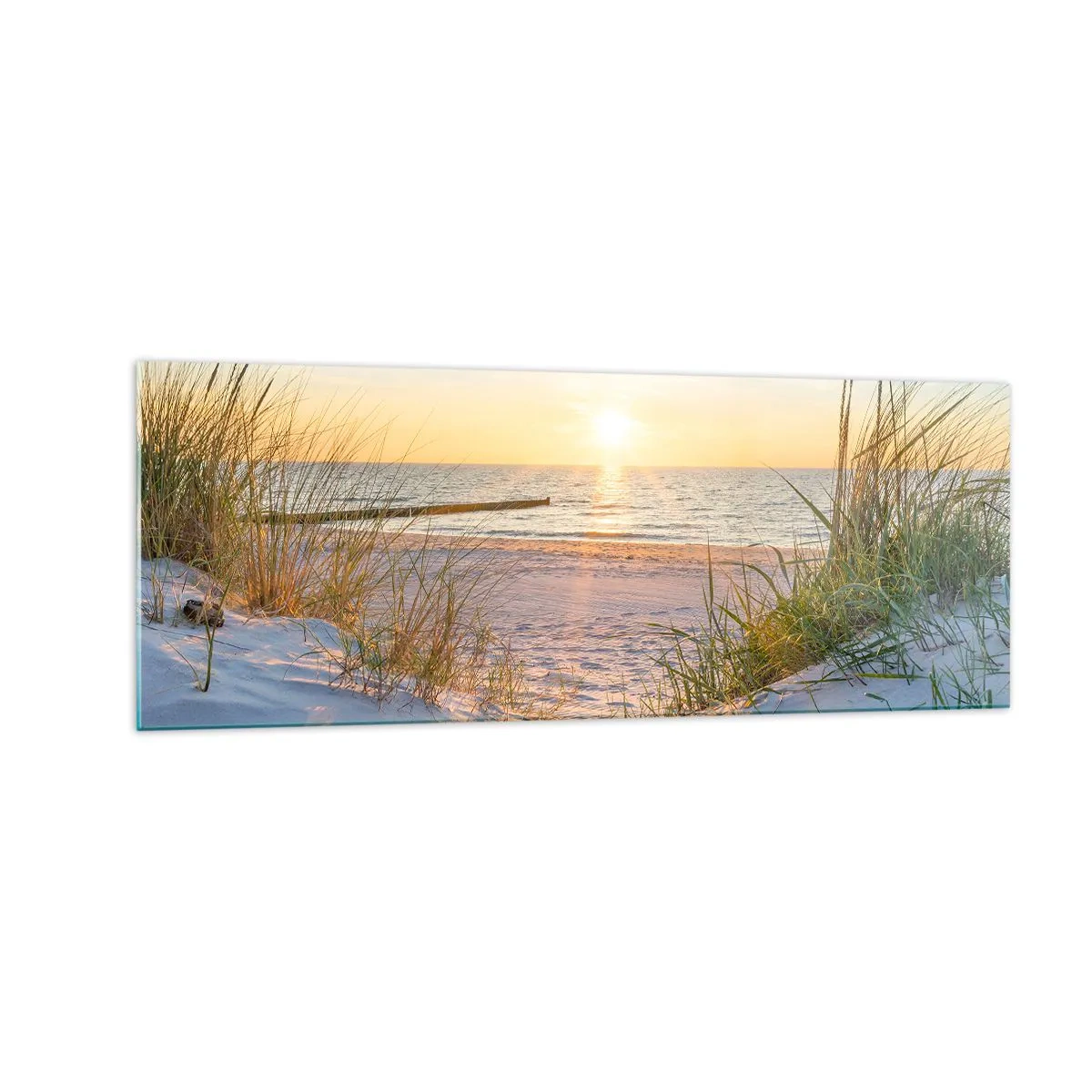 Quadro su vetro - Una spiaggia sabbiosa con vista sul tramonto sul mare - 140x50cm - Rumore del mare, uccelli che cantano, spiaggia selvatica tra i cespugli... - Decorazione murale moderna per soggiorno e camera da letto ARTTOR