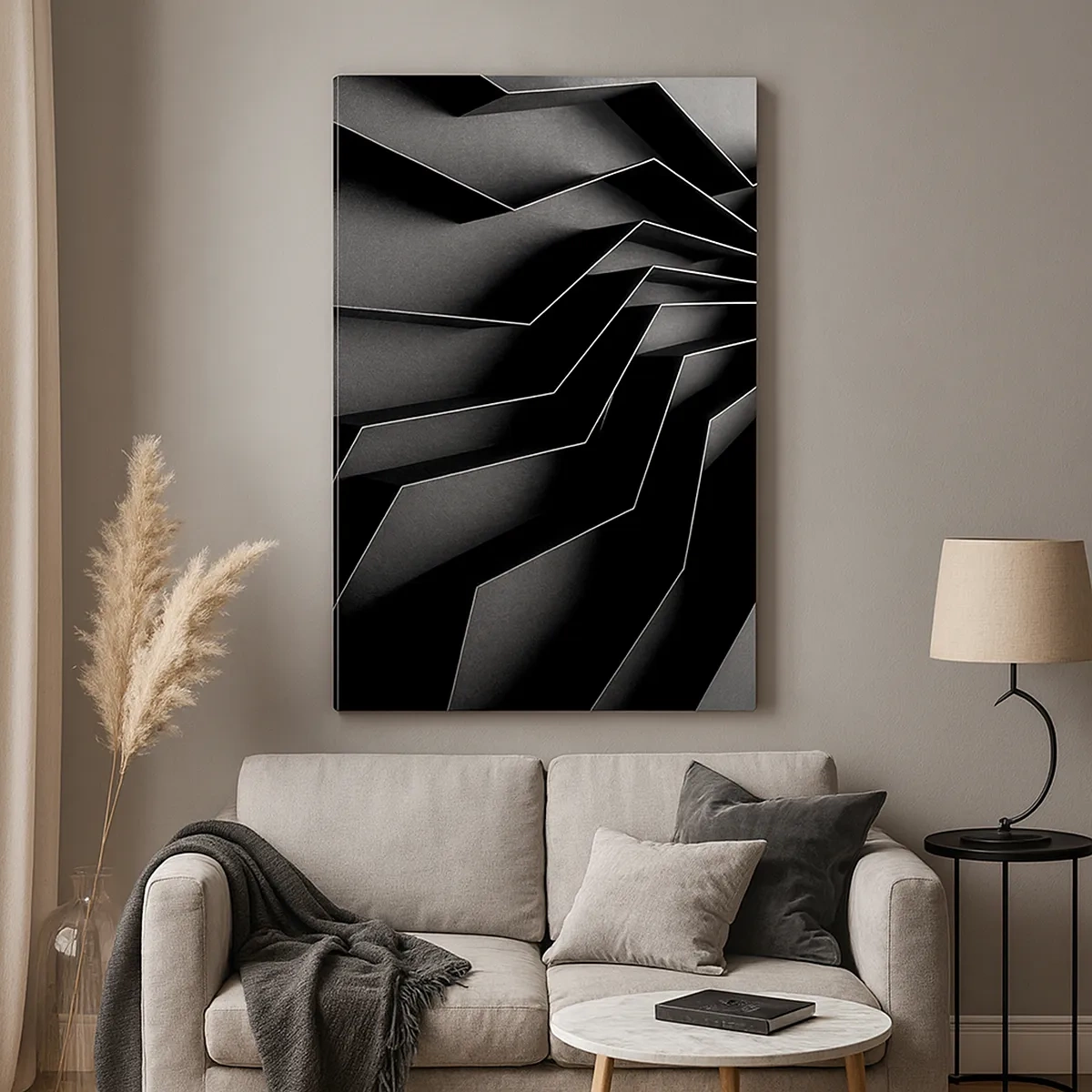 Quadro su tela - Stampe su Tela - Astrazione in bianco e nero con strutture geometriche - 50x70cm - Ordine tridimensionale - Decorazione murale moderna per soggiorno e camera da letto ARTTOR