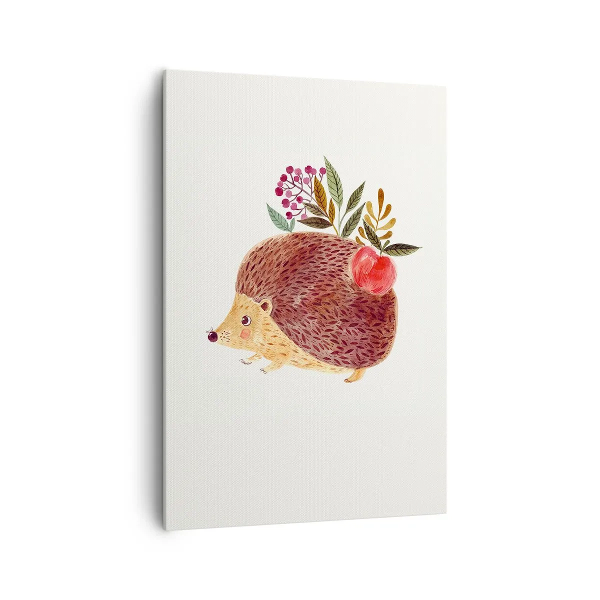 Quadro su tela - Stampe su Tela - Un simpatico riccio con una mela e delle piante in stile illustrativo - 70x100cm - E mi vuoi già bene - Decorazione murale moderna per soggiorno e camera da letto ARTTOR