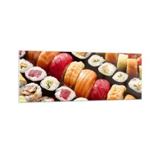 Quadro su vetro - Sushi colorati disposti in file con vari condimenti - 140x50cm - Colori e sapori dell'Asia - Decorazione murale moderna per soggiorno e camera da letto ARTTOR
