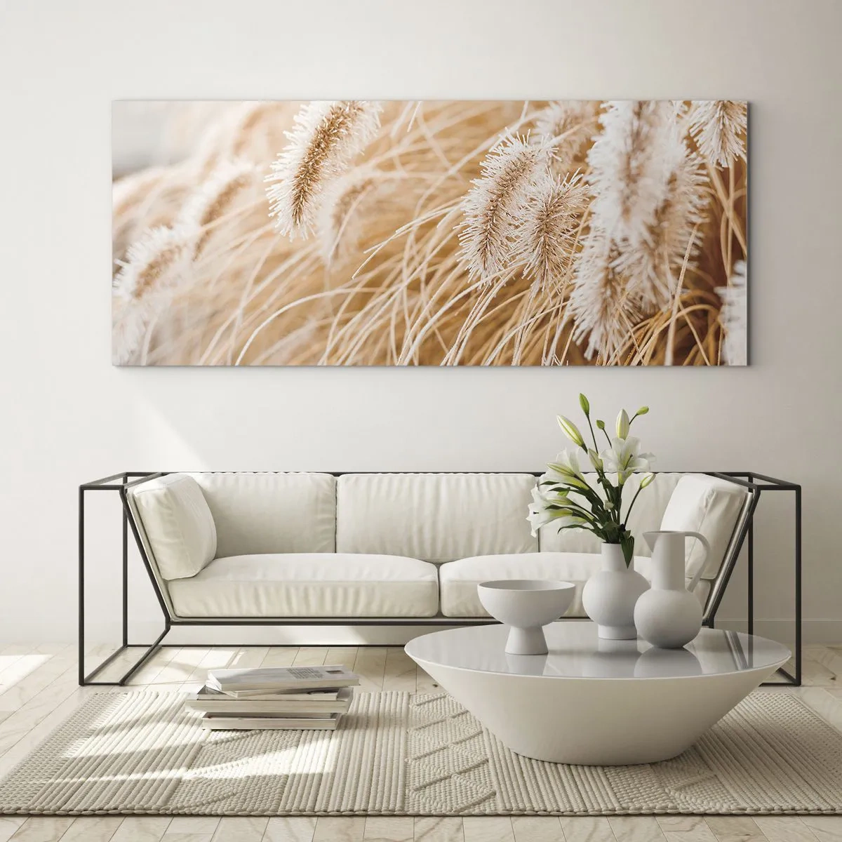Quadro su vetro - Primo piano di erbe dorate e delicate alla luce del sole - 160x50cm - Il fruscio dorato dell'erba - Decorazione murale moderna per soggiorno e camera da letto ARTTOR