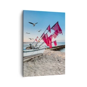 Quadro su tela - Stampe su Tela - Una barca sulla spiaggia all'alba con gabbiani e bandiere rosse - 50x70cm - Meritato riposo - Decorazione murale moderna per soggiorno e camera da letto ARTTOR