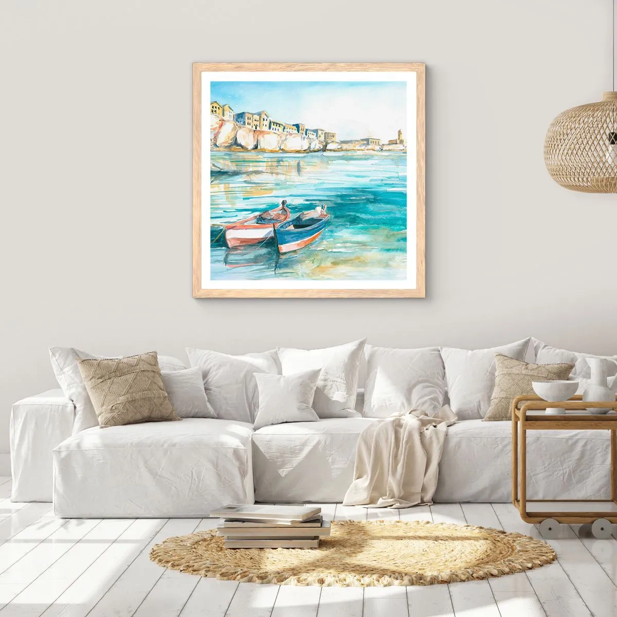 Poster in cornice rovere chiaro - Paesaggio in azzurro - 50x50 cm