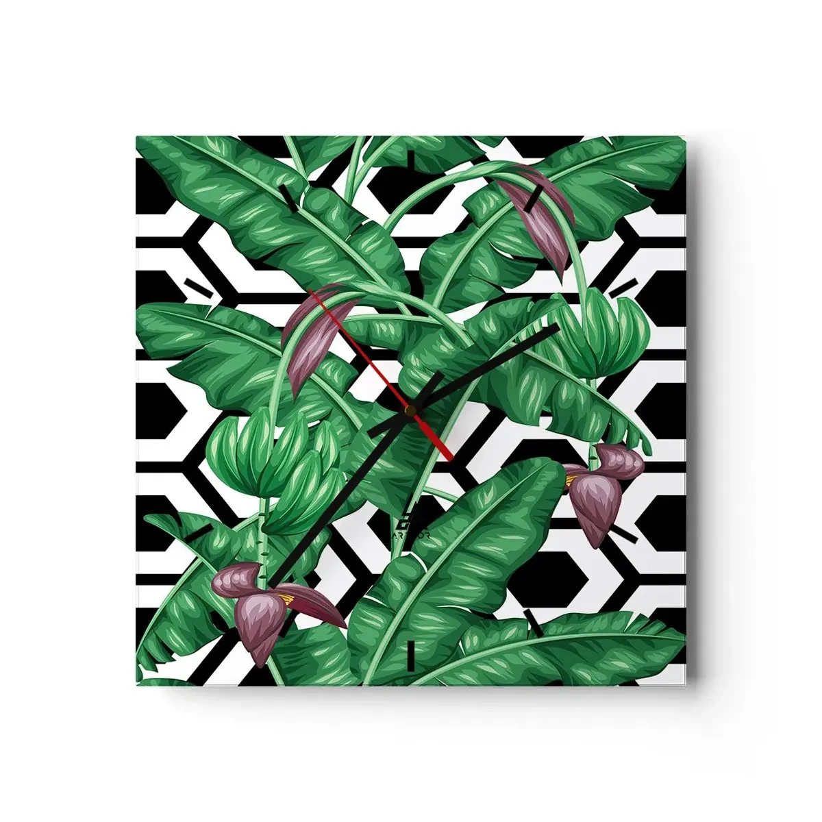 Orologio da parete - Orologio in Vetro - Foglie tropicali su sfondo geometrico - 30x30cm - Composizione simmetrica con la natura - Decorazione murale moderna per soggiorno e camera da letto ARTTOR