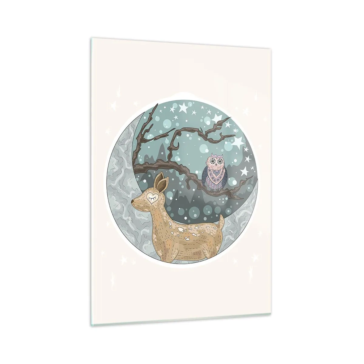Quadro su vetro - Illustrazione di un cervo e un gufo in un ambiente magico - 50x70cm - Notte fiabesca nel bosco - Decorazione murale moderna per soggiorno e camera da letto ARTTOR