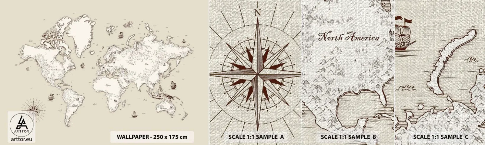 Campione di Fotomurale Premium Canvas - Il viaggio attorno al mondo - Mappa del mondo, Continenti, Nave pirata - 100x30 cm