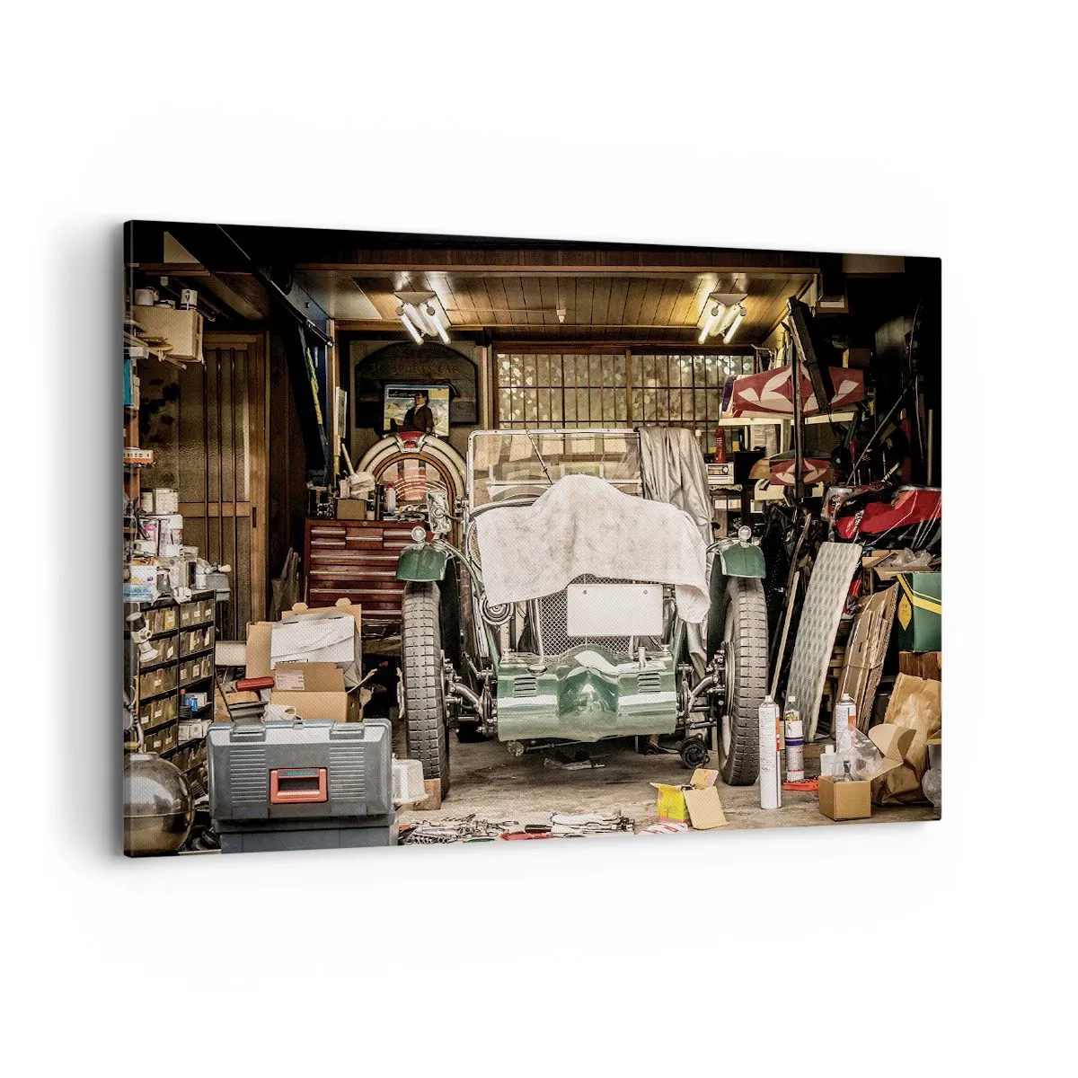 Quadro su tela - Stampe su Tela - Una vecchia auto in un garage circondata da attrezzi e attrezzature - 100x70cm - Ritorno al passato - Decorazione murale moderna per soggiorno e camera da letto ARTTOR