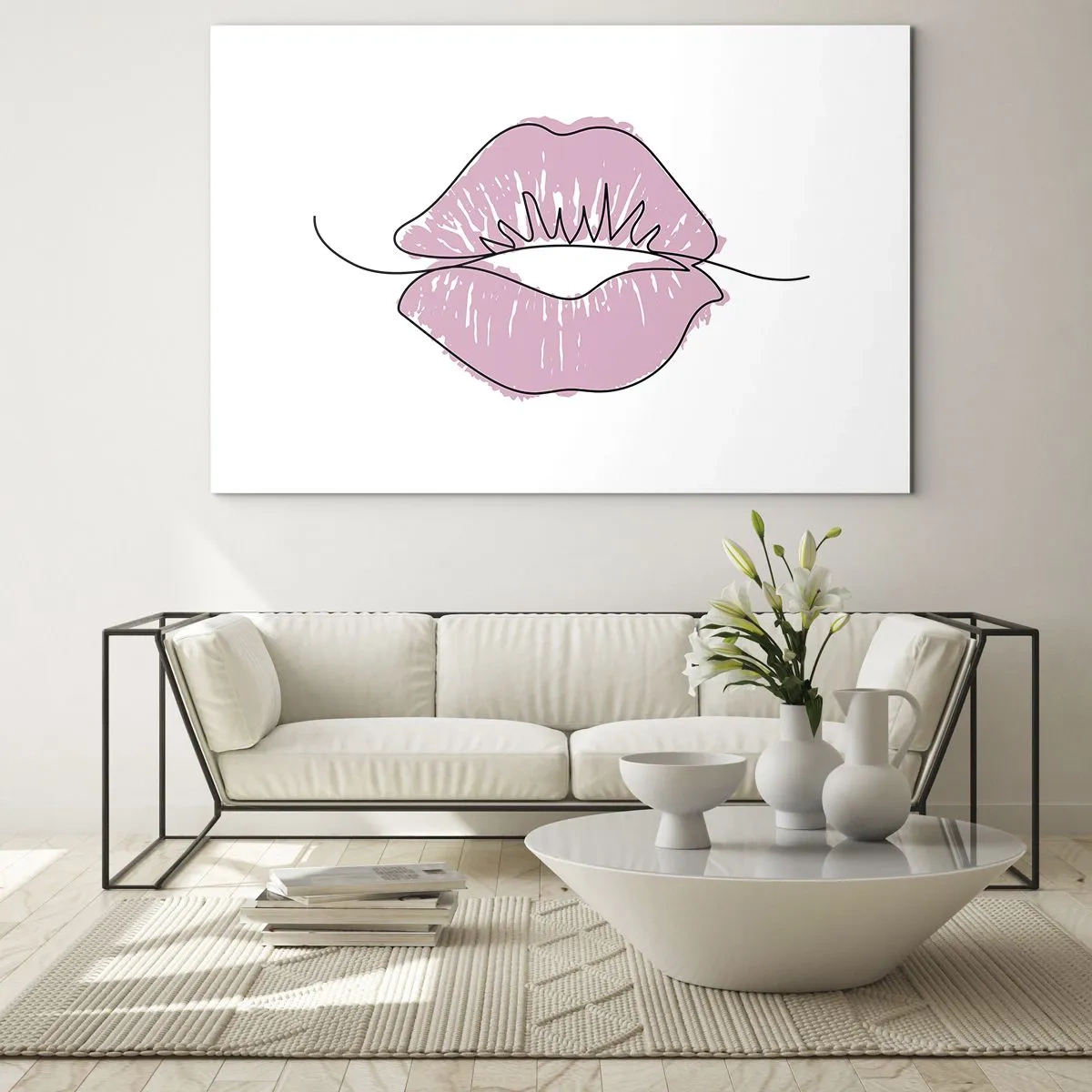 Quadro su vetro - Immagine astratta di labbra in tonalità di rosa e nero - 70x50cm - Pronti al bacio? - Decorazione murale moderna per soggiorno e camera da letto ARTTOR