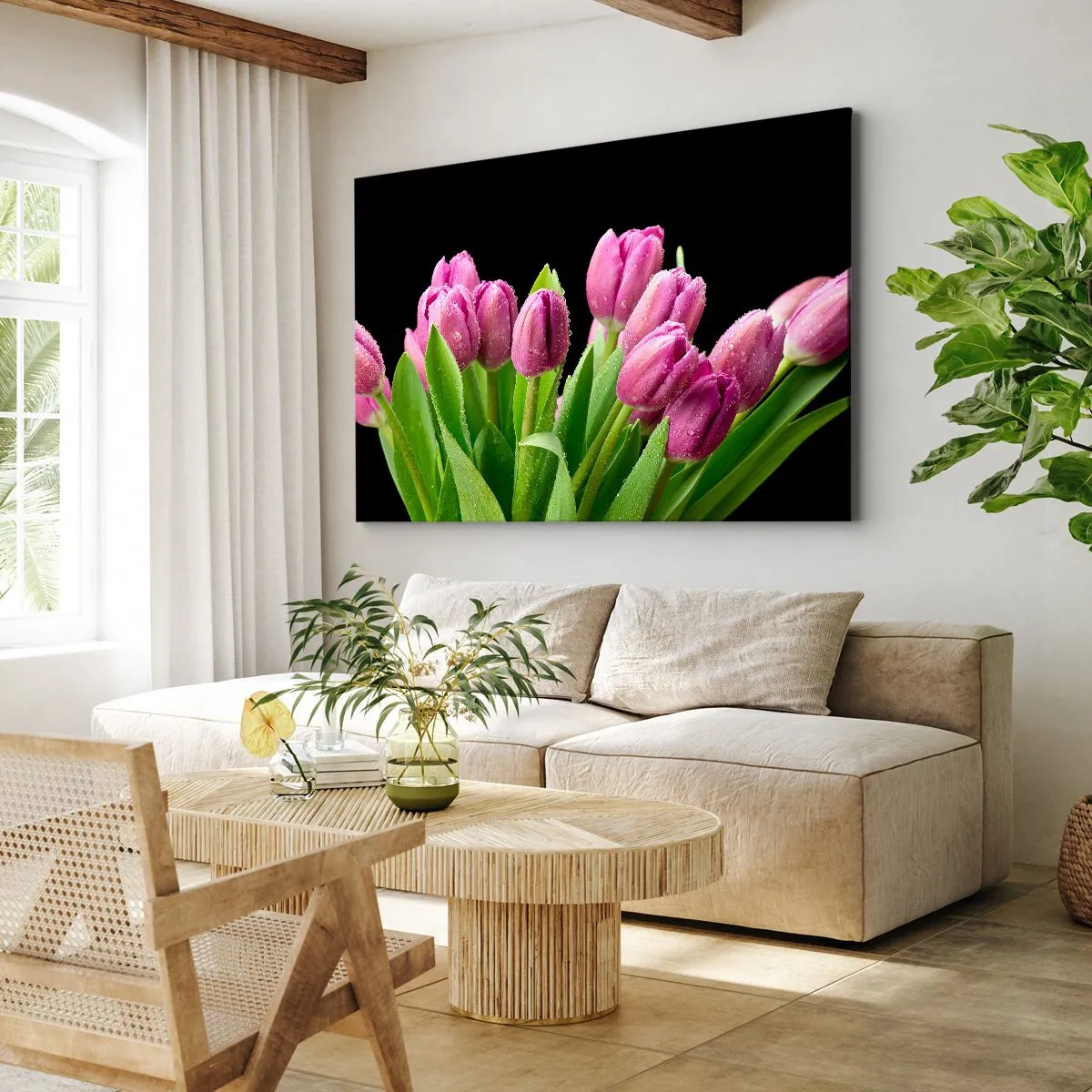Quadro su tela - Stampe su Tela - Tulipani rosa con gocce di rugiada su sfondo nero - 70x50cm - Gioia lilla della primavera - Decorazione murale moderna per soggiorno e camera da letto ARTTOR