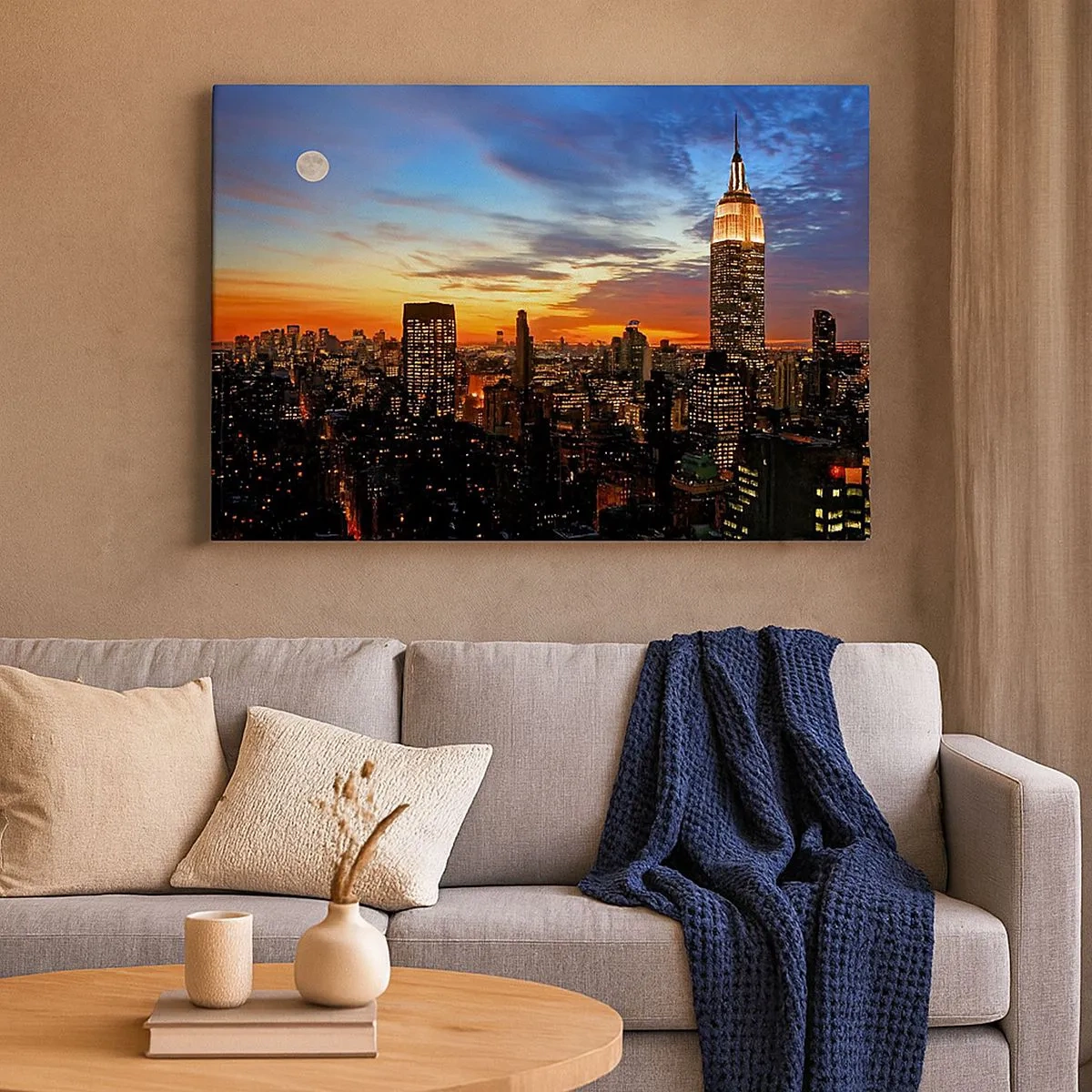 Quadro su tela - Stampe su Tela - Panorama della città con grattacieli illuminati al tramonto - 70x50cm - Luminosa notte americana - Decorazione murale moderna per soggiorno e camera da letto ARTTOR