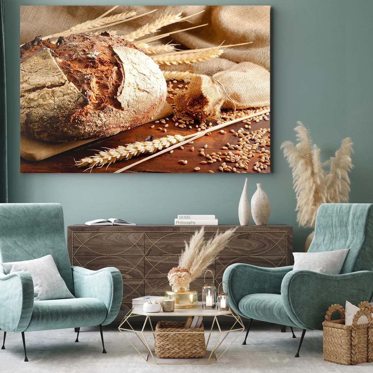 Quadro su tela - Stampe su Tela - Pane croccante con cereali e spighe di grano su fondo in legno - 100x70cm - Appetitoso, profumato, croccante - Decorazione murale moderna per soggiorno e camera da letto ARTTOR