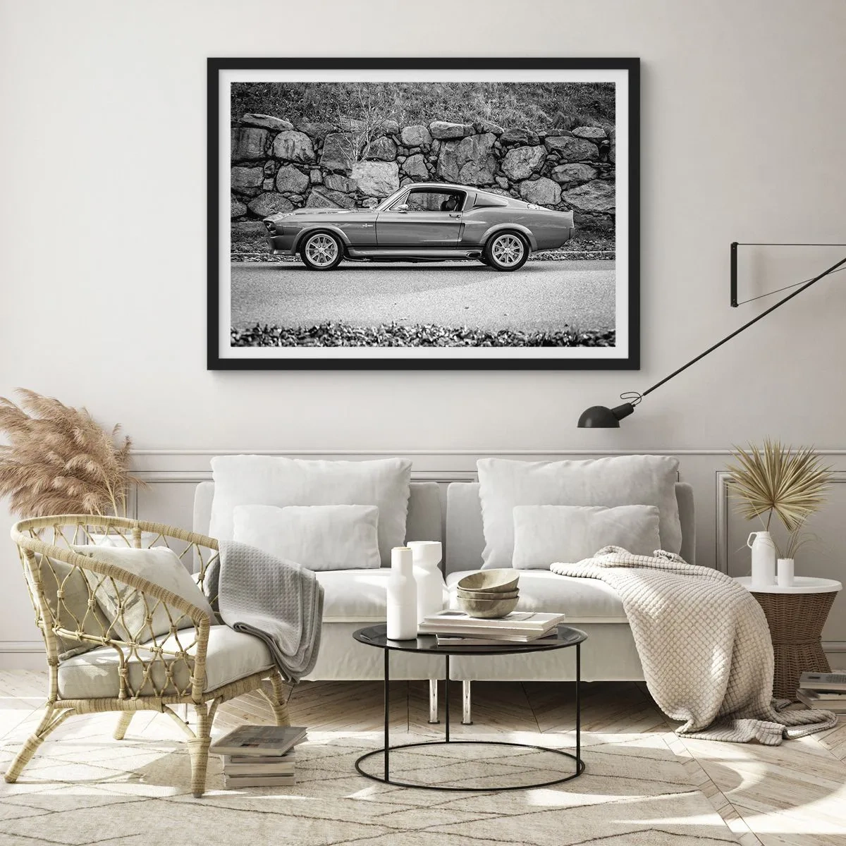 Poster in cornice nera - Foto in bianco e nero di un'auto d'epoca - 70x50cm - La leggenda degli anni '60 - Decorazione murale moderna per soggiorno e camera da letto ARTTOR