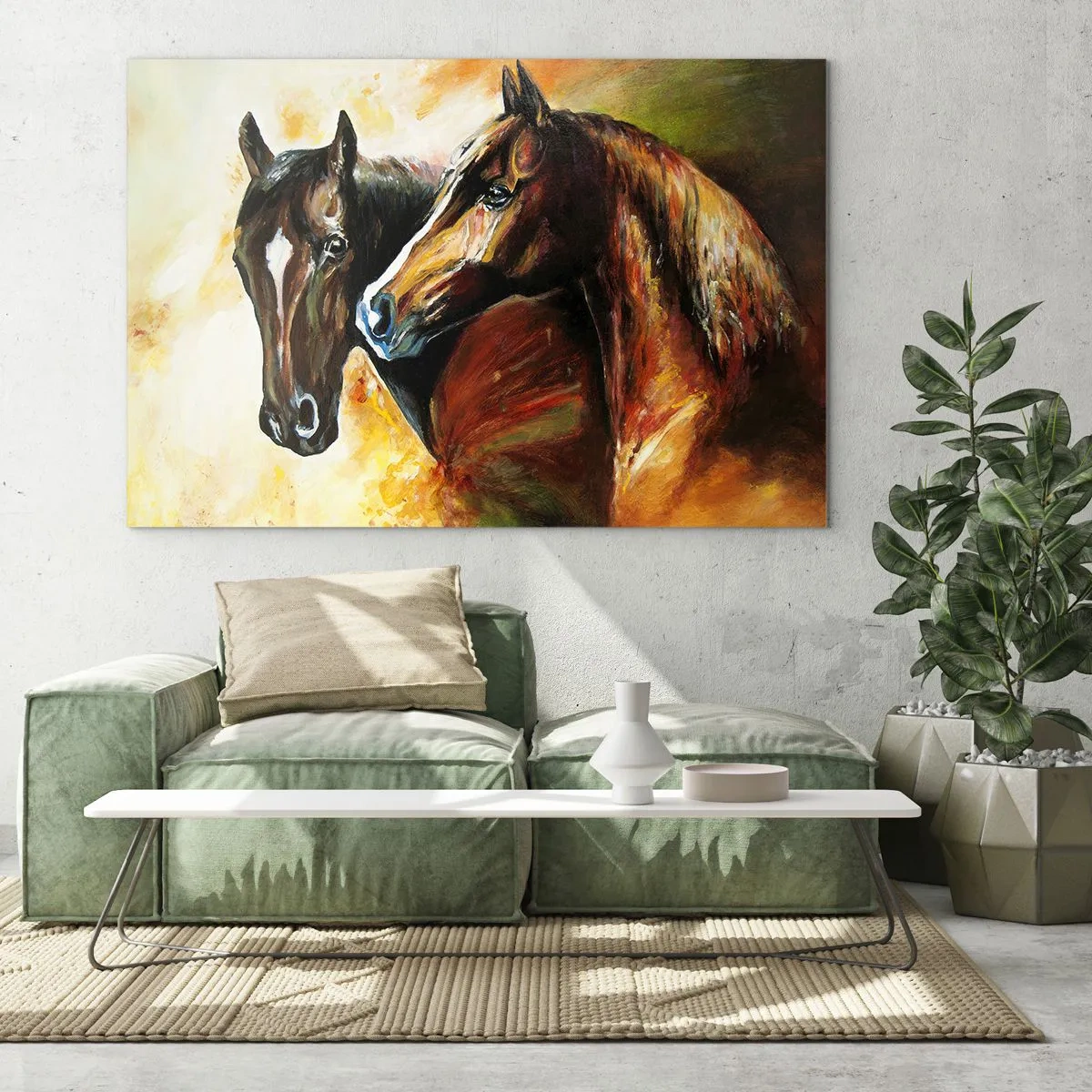 Quadro su vetro - Due cavalli in una composizione artistica e dinamica - 100x70cm - Due volte più grazia - Decorazione murale moderna per soggiorno e camera da letto ARTTOR