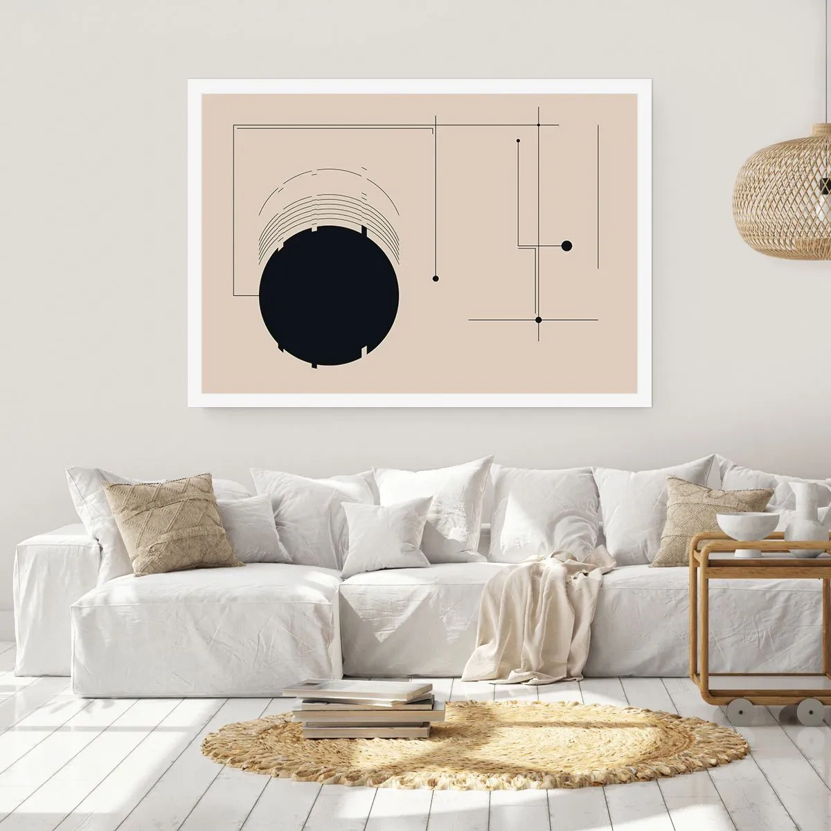 Poster - Linee geometriche nere e un cerchio su uno sfondo beige - 100x70cm - Composizione elastica e dinamica - Decorazione murale moderna per soggiorno e camera da letto ARTTOR